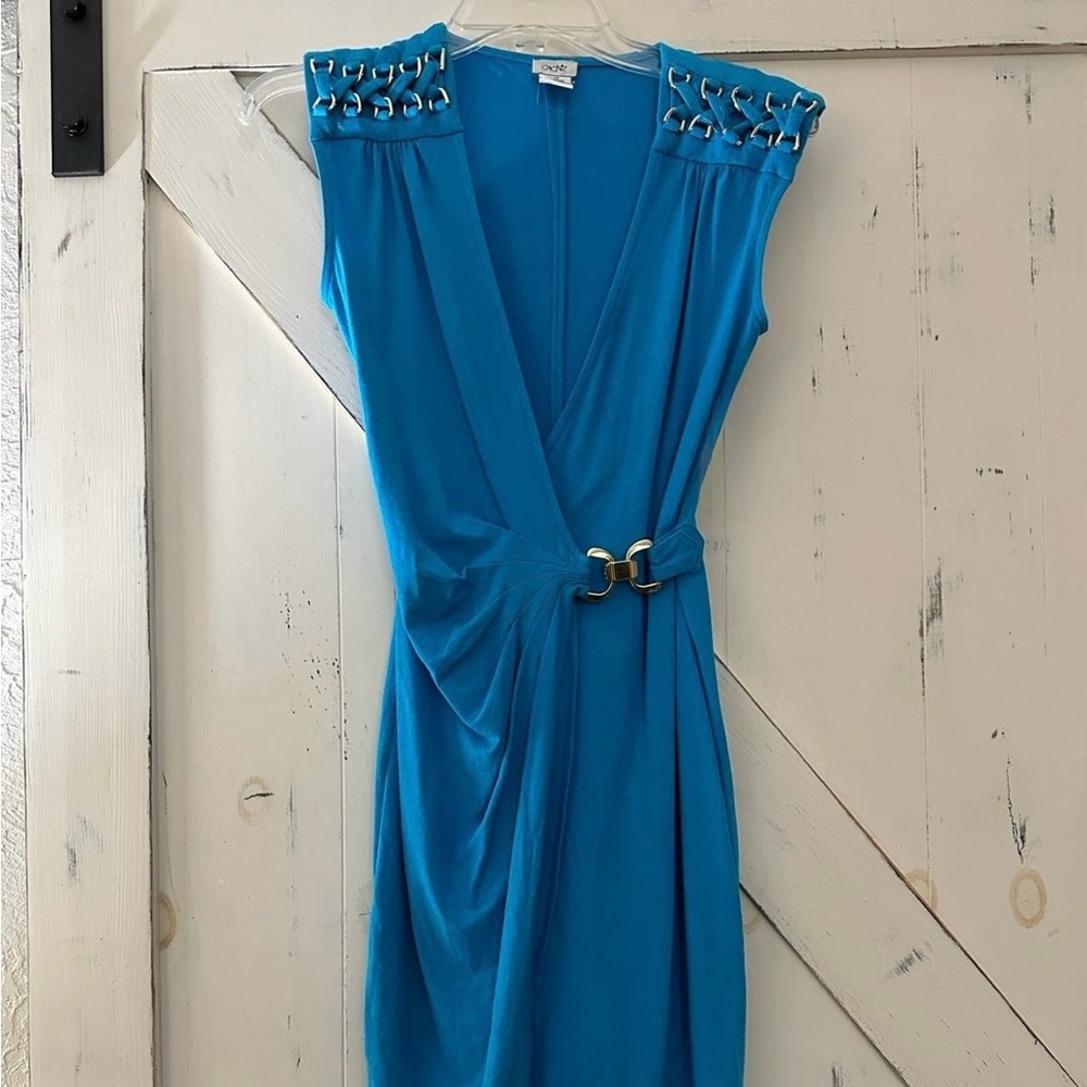 Cache Turquoise Blue Wrap Dress‎ XS Rayon Spandex Made USA Sleeveless